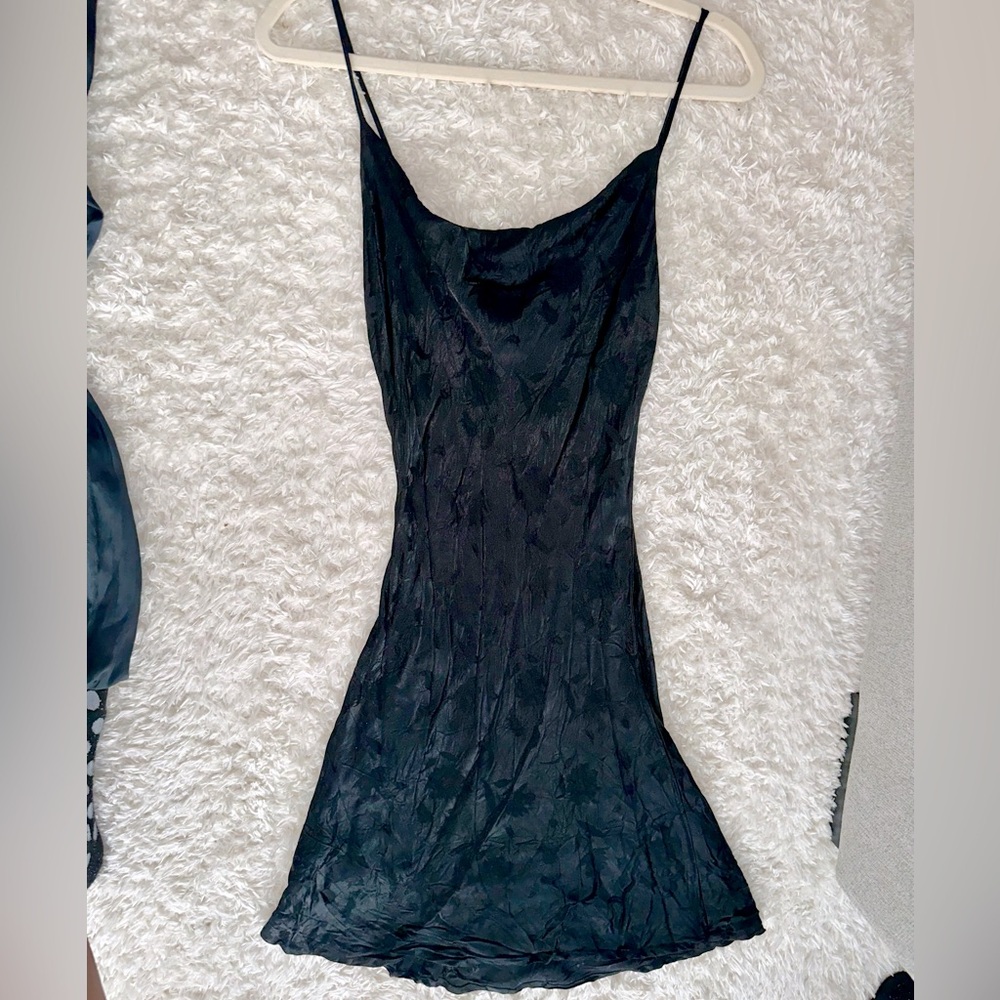 Audrey 3+1 Black Satin Slip Dress with Floral Accents